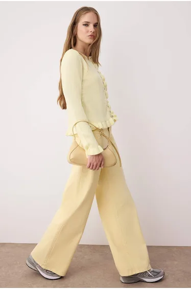 Yellow Button Detailed Soft Texture Knitted Cardigan