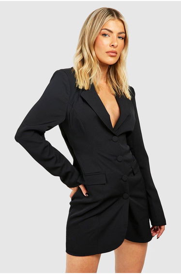Tailored Low Cowl Back Fitted Blazer Dress - black