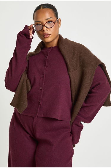 Plus Button Front Knitted Soft Rib Top - burgundy