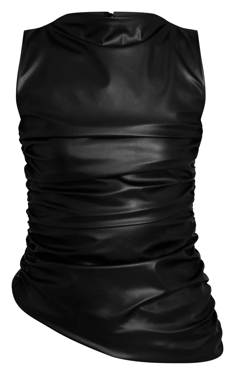 Black Faux Leather Highneck Asymmetric Hem Long Top - 4