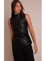 Black Faux Leather Highneck Asymmetric Hem Long Top - 5