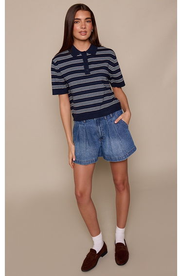 Navy Short Sleeve Striped Knitted Polo