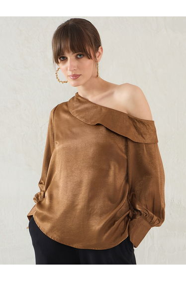 Brown One Shoulder Detail Satin Top