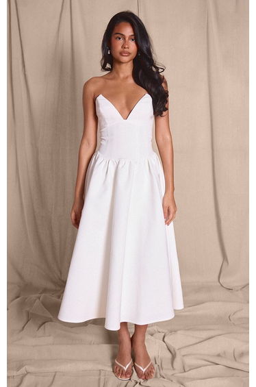 Premium White Woven Pointed Bust Bandeau Skater Midi Dress
