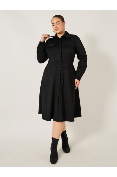 Plus Size Velvet Look Long Sleeves Shirt Midi Dress
