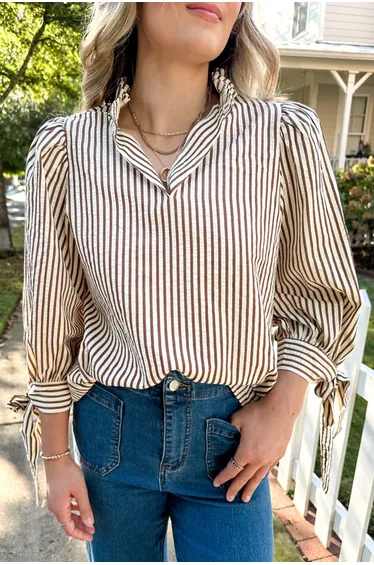 Lvness Straw Yellow Striped Print Tied Cuffs Split Neck Seersucker Blouse