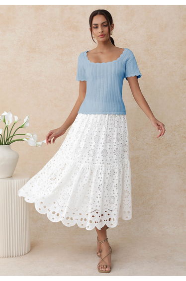Scalloped Edge Pointelle Knit Top in Blue