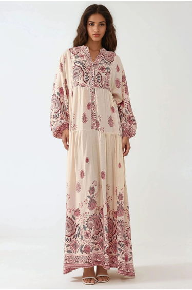 Printed V-neck Maxi Dress with Button Detail