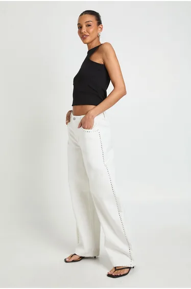 Studded Mid Waist Barrel Jean - white