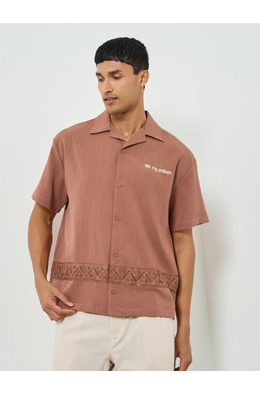 Men Brown Oversized Lace Detail Short Sleeve Shirt