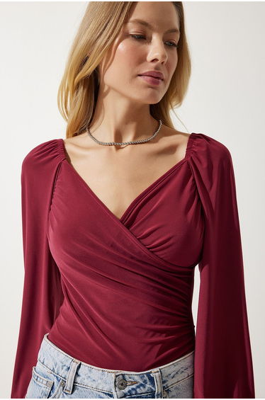 Women's Cherry Elastic Balloon Sleeve Sandy Knitted Blouse