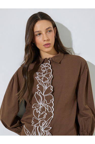 Brown Embroidered Placket Oversized Rayon Shirt