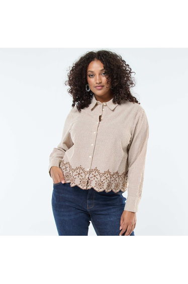 Striped blouse with embroidery at the hem BROWN