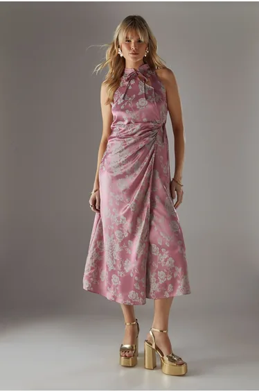 Satin Jacquard Tie Racer Wrap Midi Dress