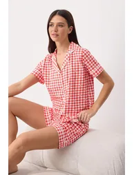 Red 100% Cotton Heart and Plaid Printed Ribbed Knitted Pajama Set - 1