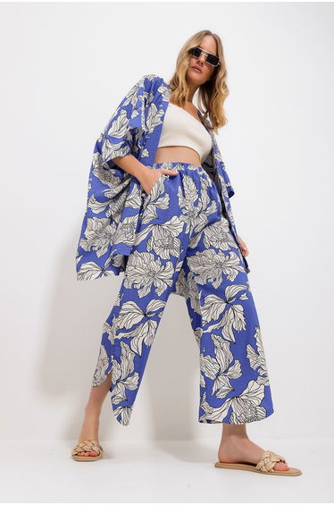 Women's Blue Palazzo Pants And Patterned Woven Viscose Kimono Suit