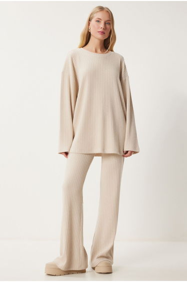 Women's Cream Comfortable Ribbed Knitted Blouse Trouser Set