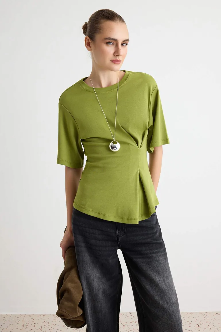 Oil Green Plain Regular Crew Neck Standard Sleeve Short Regular Interlock Knitted T-Shirt