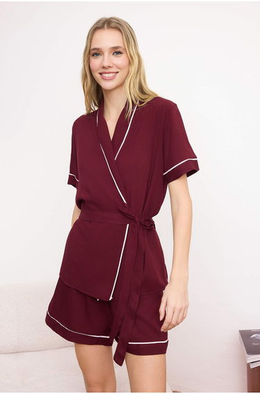 Plum Belted Piping Detailed Viscose Shorts Woven Pajama Set