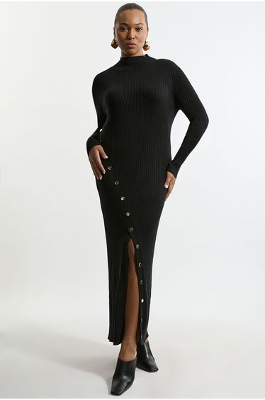 Plus Size Viscose Blend Popper Detail Split Knit Midi Dress