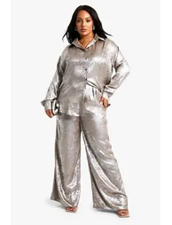 Plus Diamante Metallic Wide Leg Trouser - champagne