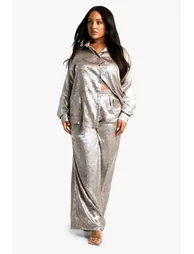 Plus Diamante Metallic Wide Leg Trouser - champagne - 2