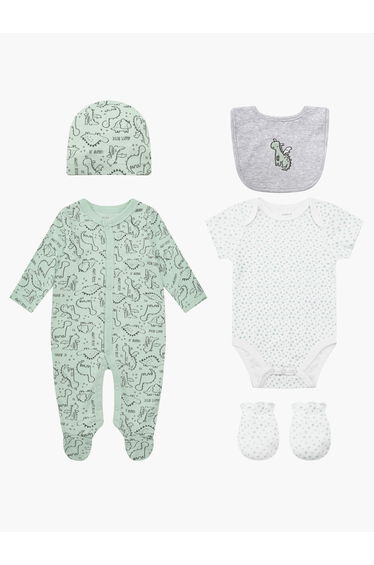 5-Piece Dino Print Onesie, Cap, Bib, Mittens and Bodysuit