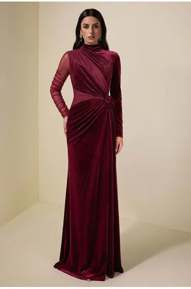 Velvet 3D Flower Ruched Maxi Dress