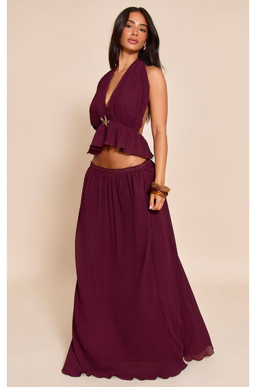 Petite Wine Plisse Trim Detail Halterneck Top