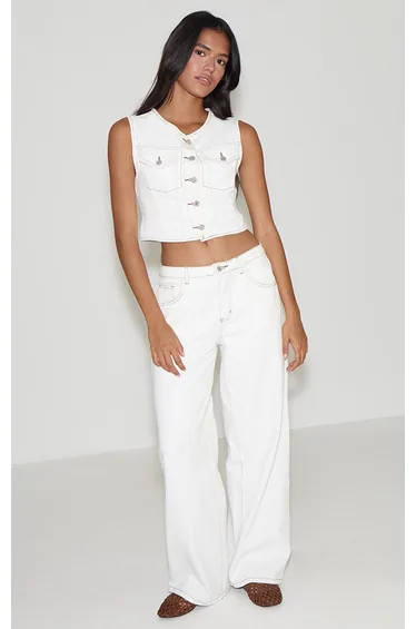 White Round Neck Button Detail Sleeveless Denim Crop Top