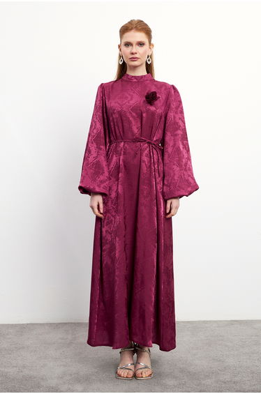 Rose-Detail Jacquard Dress - Burgundy
