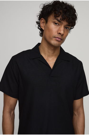 Linen Blend Slim Revere Polo - black product thumbnail 2