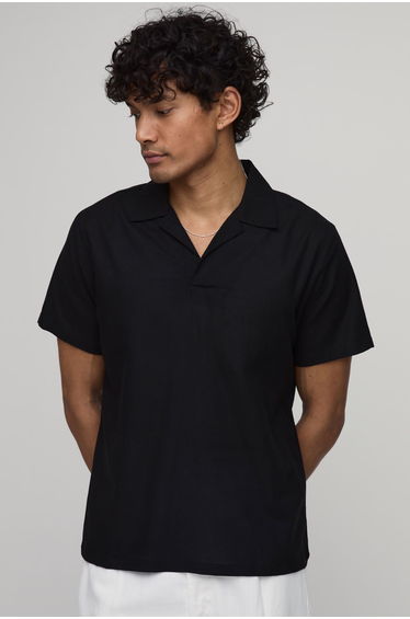 Linen Blend Slim Revere Polo - black