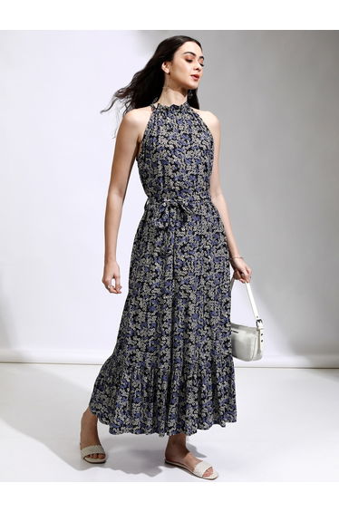 All-Over Floral Print Halter Neck A-Line Maxi Dress