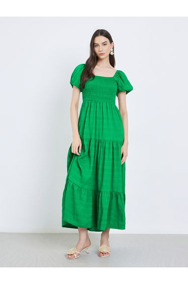 Green Puff Sleeve Tiered Midi Dress