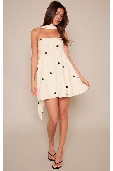 Monochrome Polka Dot Scarf Detail Shift Dress