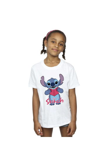 Lilo & Stitch Girls Reading Standing Cotton T-Shirt - White