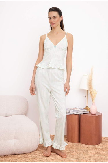 Mint 100% Cotton Striped Ruffle 30/1 Openend Single Jersey Knitted Pajama Set