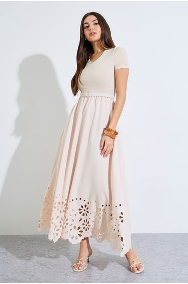 Cream Cut-Work A-Line Maxi Dress with Buckle Belt