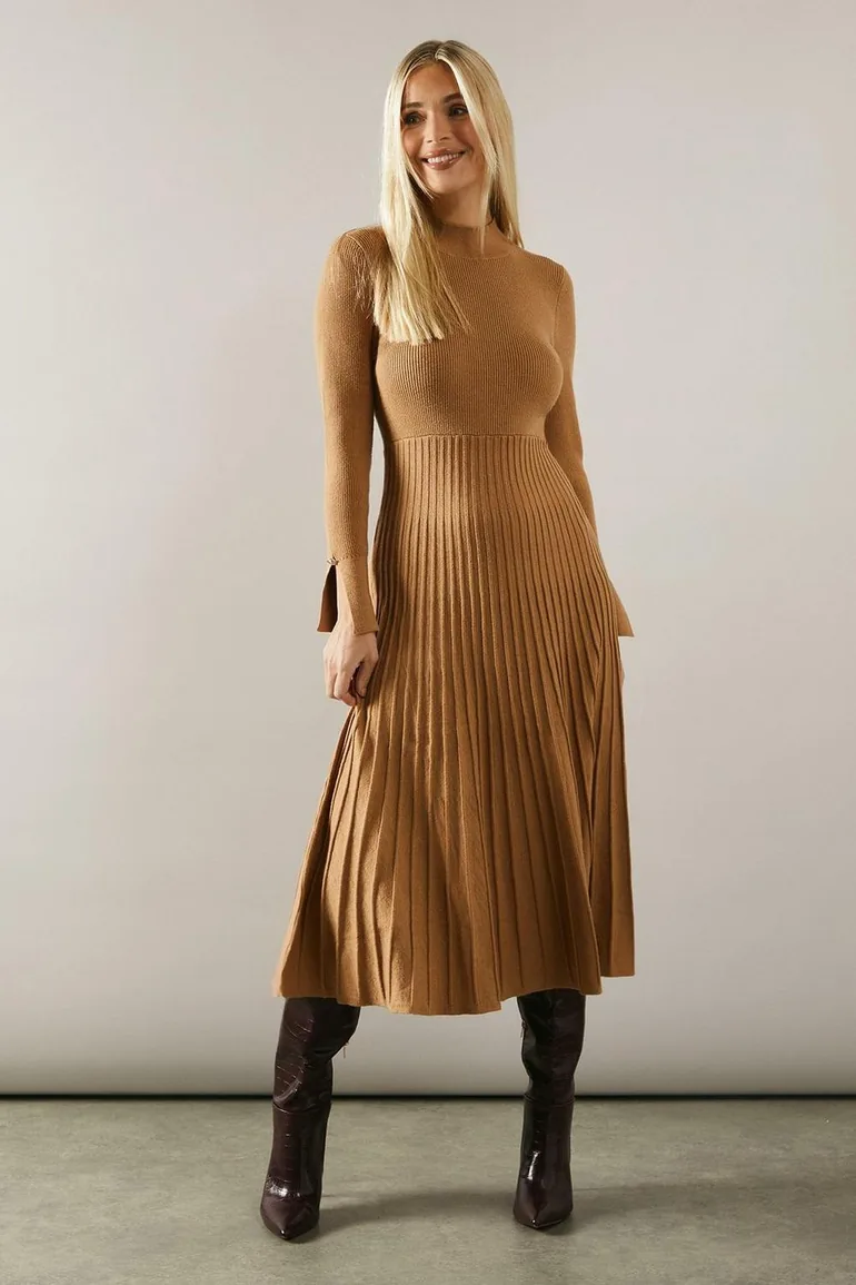 Shop Petite Button Cuff Detail High Neck Pleated Knitted Midaxi Dress  Wallis Online in Oman
