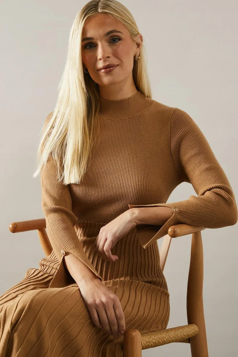 Shop Petite Button Cuff Detail High Neck Pleated Knitted Midaxi Dress  Wallis Online in Oman