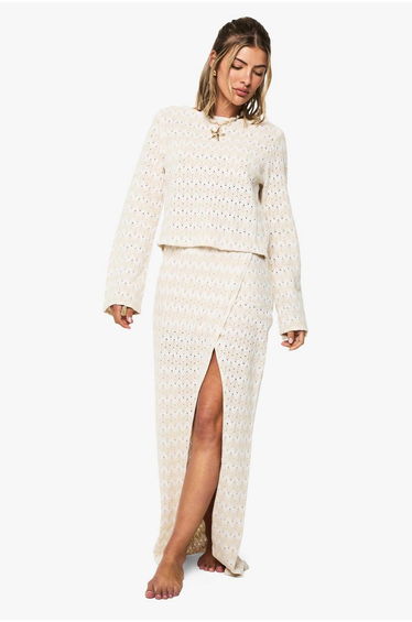 Zig Zag Knitted Beach Maxi Skirt - beige