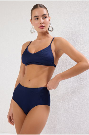 Navy Blue High Waist Textured Regular Core Bikini Bottom