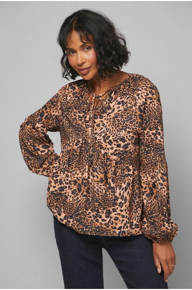 Leopard Print Tie Neck Blouse