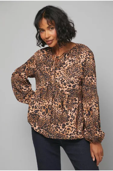 Leopard Print Tie Neck Blouse