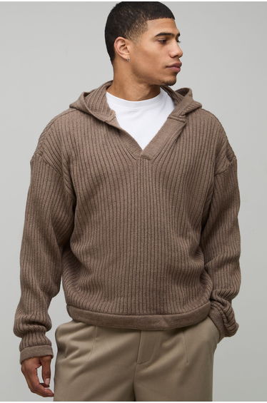Relaxed Boxy Knitted Hoodie - taupe