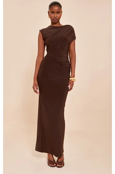Chocolate Double Layer Slinky Off Shoulder Drape Maxi Dress