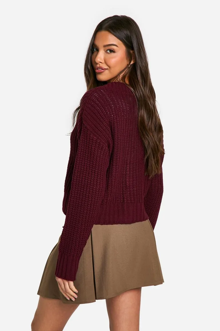 Button Through Crop Cardigan - plum - 1