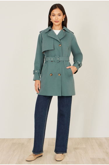 Yumi Blue Belted Trench Coat With Check Lining