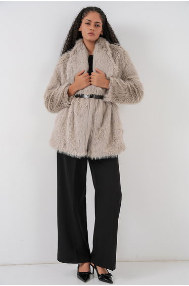 Women's belted oversized faux fur coat - stone